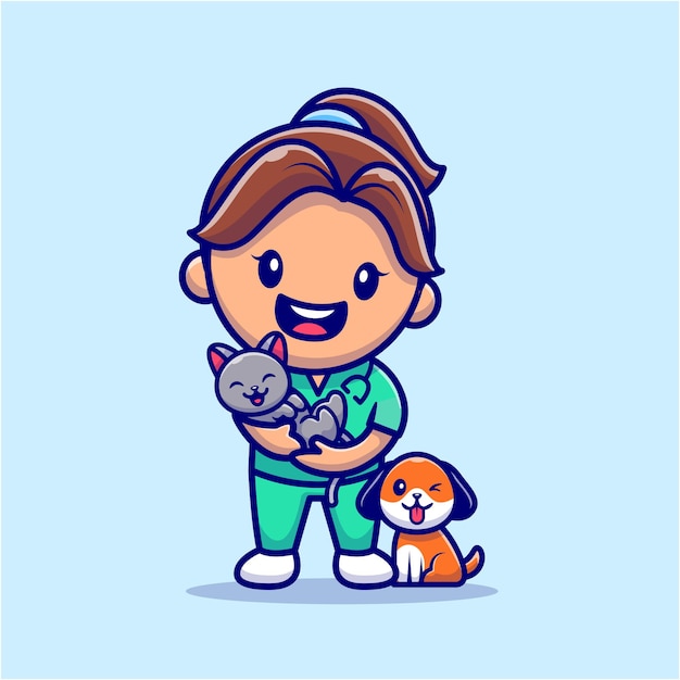Vetor veterinário de garota fofa com gato e cachorro