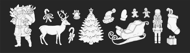 Veterinário de natal mão desenhada. elementos de feriado festivo isolados tema de natal de clipart desenhado à mão. trenó, veado, papai noel, presentes e muito mais. para projetos de design gráfico e comemorações.