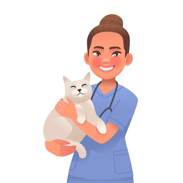 Vetor veterinário está segurando o gato especialista em clínica veterinária com um animal de estimação assistência médica a animais de estimação