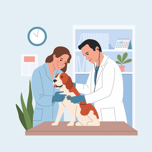 Veterinários com um cão no escritório veterinário Ilustração de desenho animado plano vetorial
