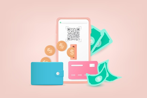 vetor 3d Conceito de pagamento de transferência de dinheiro onlineTransação de dinheiro online apoiando o conceito de economia de dinheiroTelefone celular com carteira de dinheiro moedas de cartão de crédito e notas ícone 3dilustração em vetor 3d