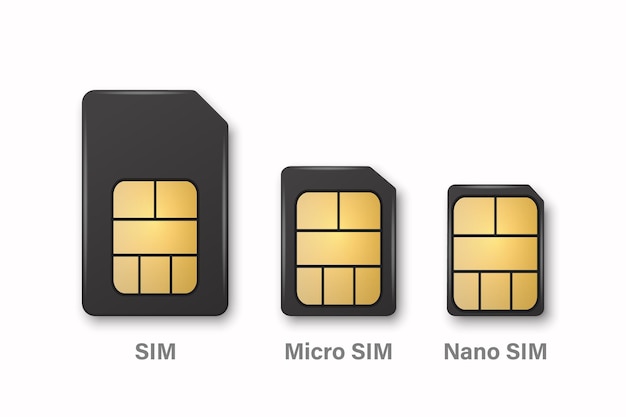 Vetor 3d realista plástico preto sim micro sim nano modelo de cartão sim conjunto modelo de design isolado de cartão sim para maquete branding vista superior