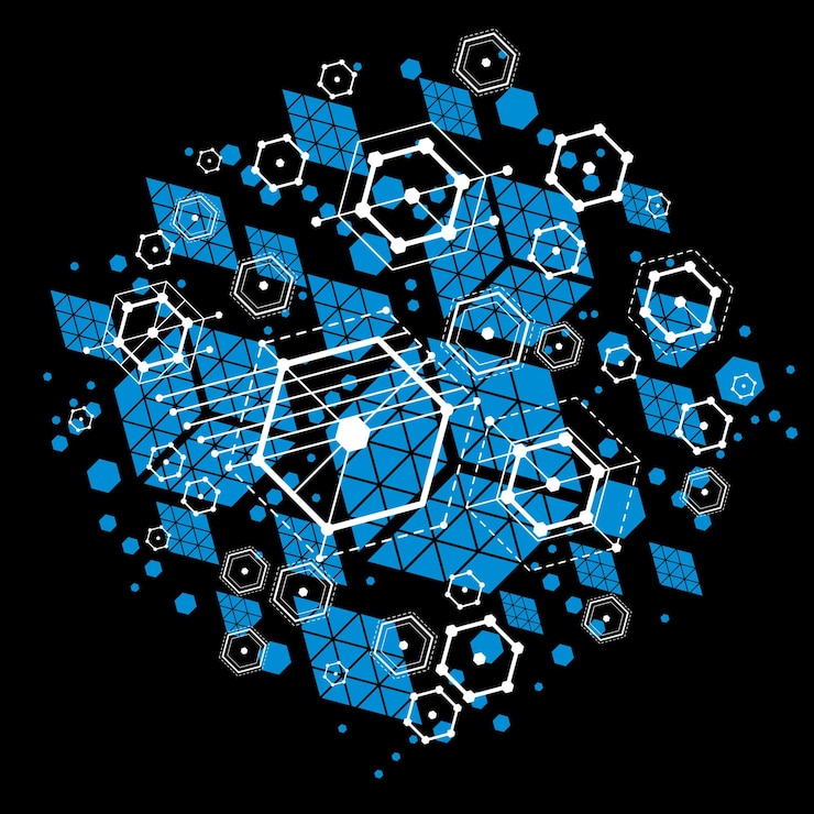 Vetor vetor abstrato azul criado em estilo retrô bauhaus. a composição geométrica moderna pode ser usada como modelos e layouts. papel de parede tecnológico de engenharia feito com favos de mel.