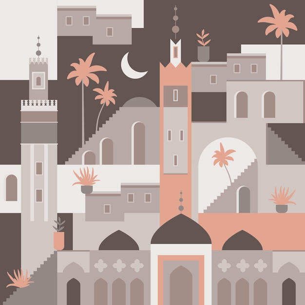 Vetor vetor abstrato ilustração plana da cidade do oriente médio padrão de arquitetura sem costura marrocos inspirou papel digital com torre de mesquita plantas palmeiras ramadhan viagens padrão geométrico