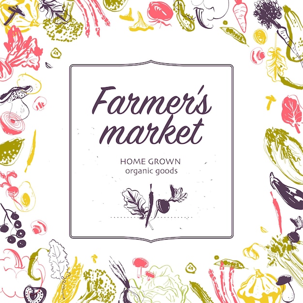 Vetor banner de mercado de fazendeiros com quadro desenhado à mão vegetais crus isolados no fundo branco bom para fazendeiros mercado amp food fair banners e anúncios menu embalagem etiquetas de preço