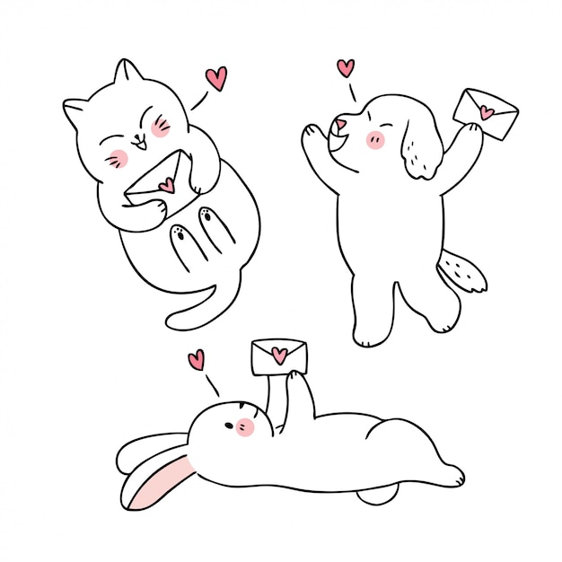 Vetor bonito do dia dos namorados dos desenhos animados gato e cão e coelho e vetor da carta de amor.