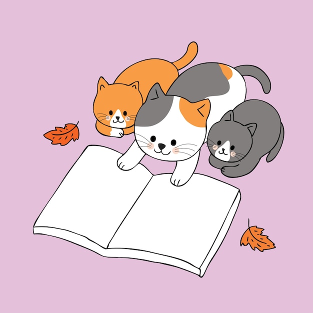 Vetor bonito do livro de leitura dos gatos de família do outono dos desenhos animados.