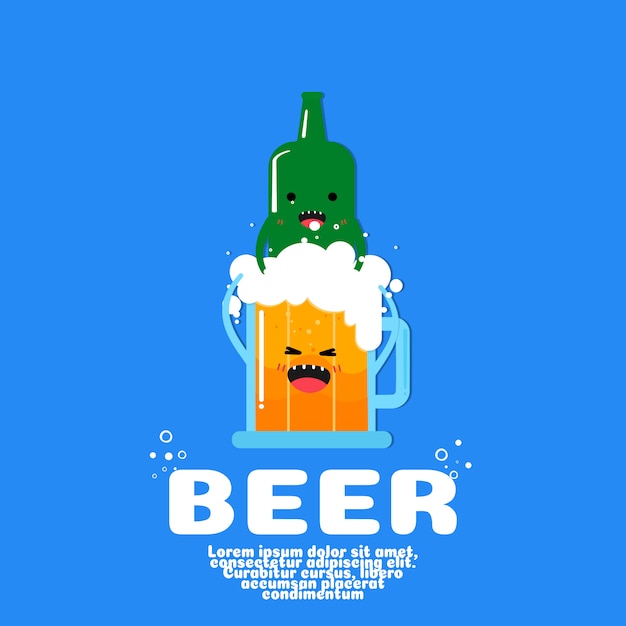 Vetor vetor bonito dos desenhos animados da garrafa e da cerveja. conceito de comida kawaii.