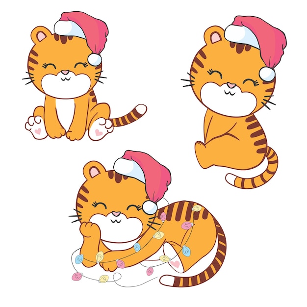 Vetor bonito tigre - papai noel com um chapéu vermelho.