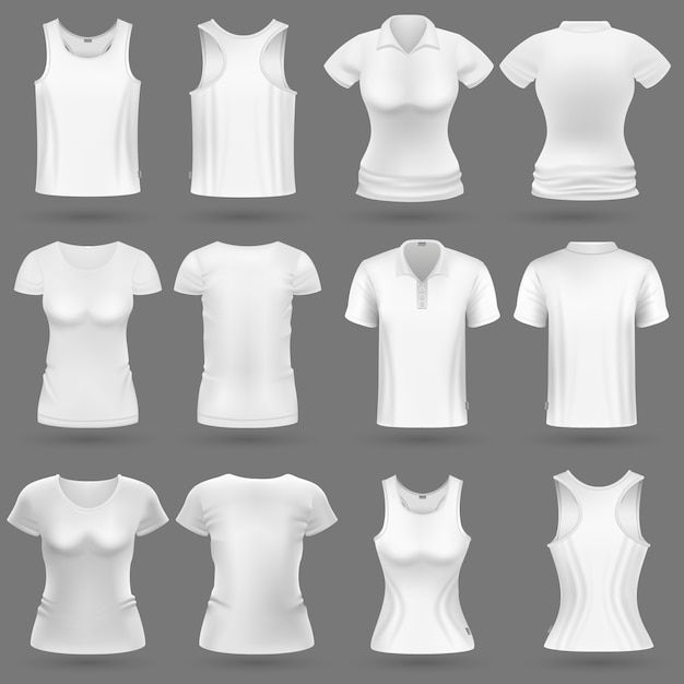 Vetor vetor branco em branco do t-shirt 3d para o projeto da forma do homem e da mulher. camisa de mulher e desgaste para ilustração do esporte