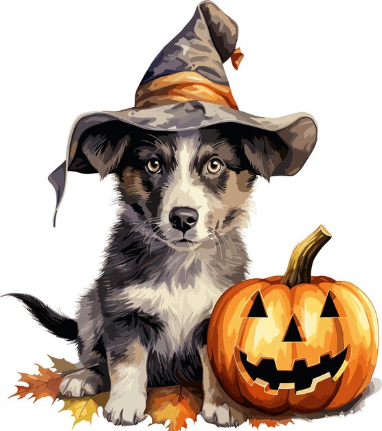 vetor cachorro fofo com chapéu com cachorro abóbora e jack o lanterna halloween no outono vetor em backgound branco