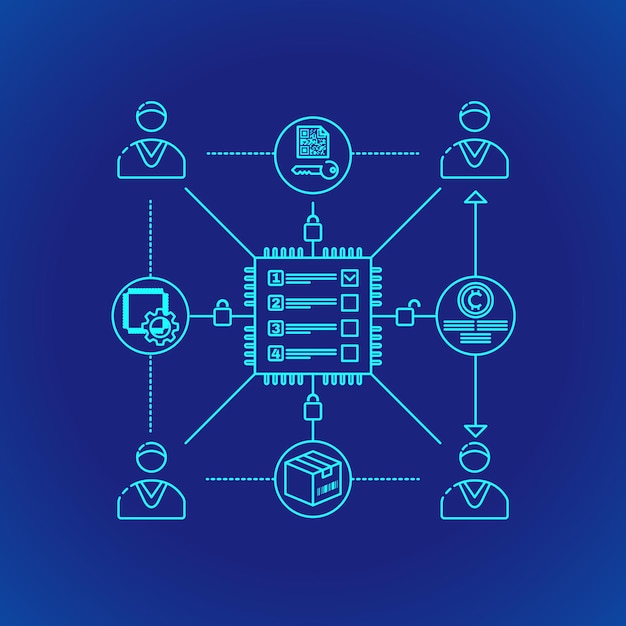 Vetor vetor ciano esboço projeto blockchain princípio de protocolo de contrato inteligente explicar esquema ilustração ícone isolado fundo azul