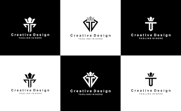 Vetor criativo da ideia do projeto do logotipo do monograma da coroa da letra t