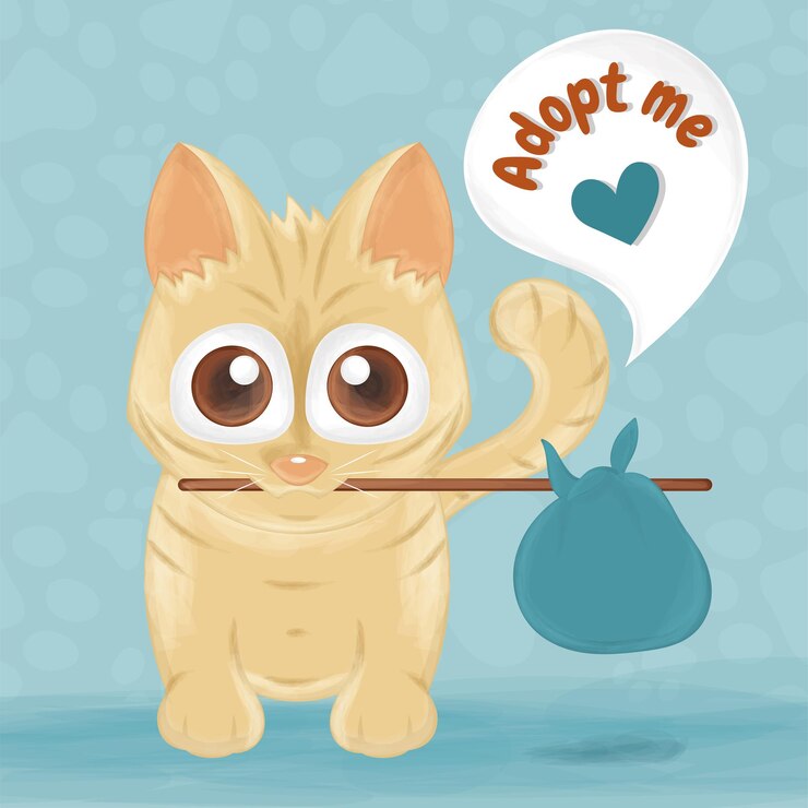 Vetor vetor de adoção de animais de estimação de desenho animado de gatinho fofo e triste