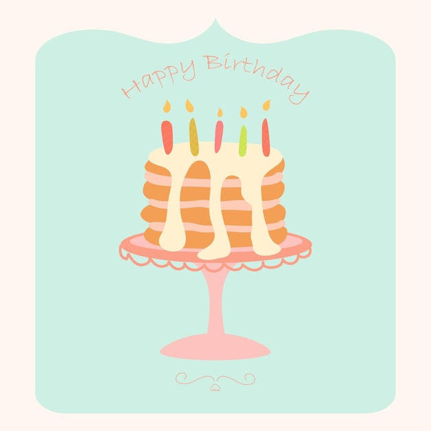 Vetor de bolo de aniversário. cartão de presente de parabéns de aniversário. velas, bolo de chantilly. muitas felicidades.