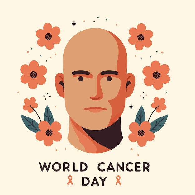 vetor de cara careca com texto do dia mundial do câncer em um estilo de design plano simples e minimalista