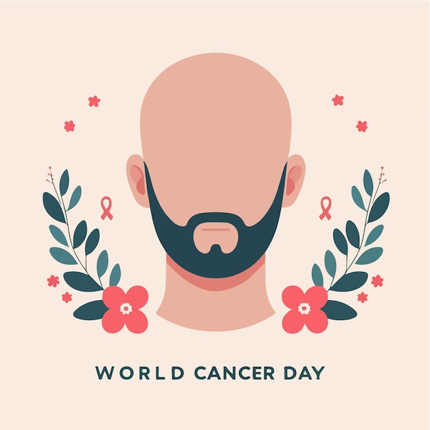 vetor de cara careca com texto do dia mundial do câncer em um estilo de design plano simples e minimalista