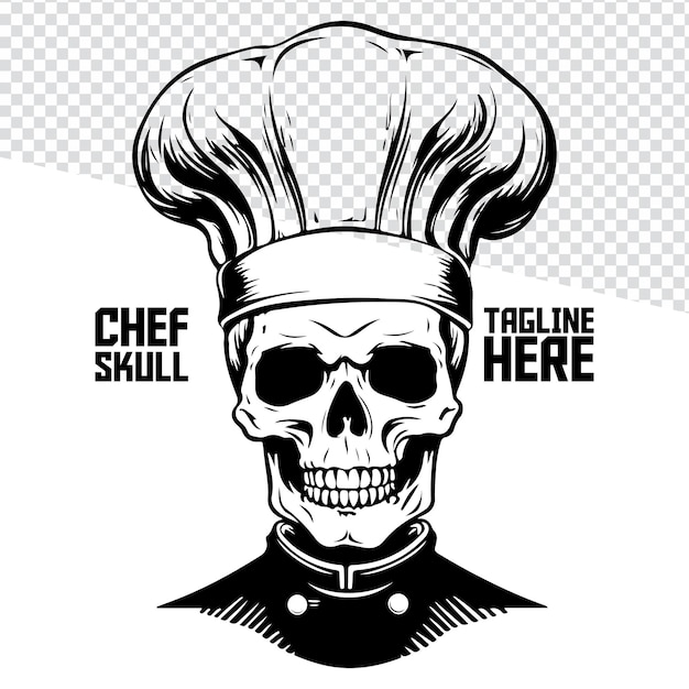 Vetor de chapéu de chef com crânio desenhado à mão esqueleto rosto logotipo etiqueta sinal marca cartaz camiseta