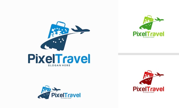 Vetor de conceito de design de logotipo pixel travel, designs de modelo de logotipo digital fly