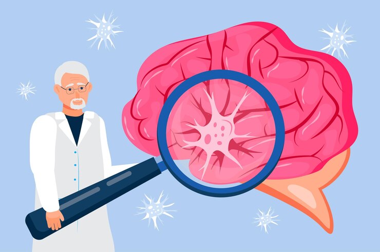 Vetor vetor de conceito de neurologista para blog de medicina blog médico cérebro com máquina de encefalograma de eletrocardiograma neurônio sob lupa problemas de neurologia doença de parkinson e alzheimer