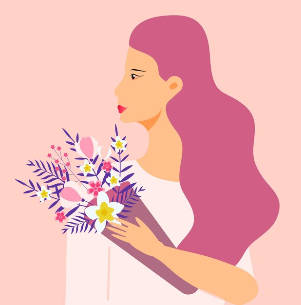 Vetor de conceito de perfil de garota silhueta mulher com cabelo comprido e segurando um buquê de flores tropicais ame-se ilustração cartaz de convite do dia dos namorados ou da mulher