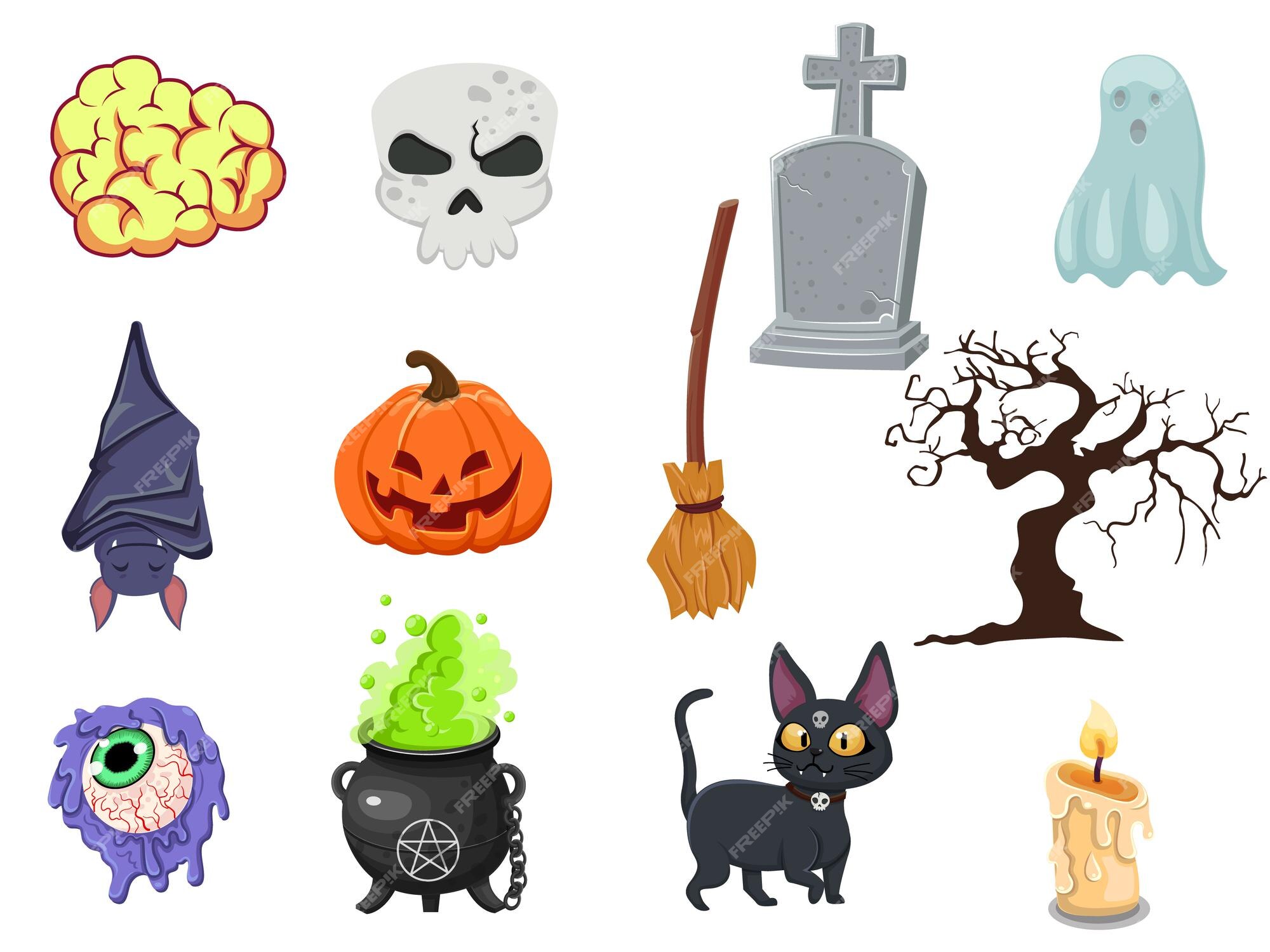 conjunto de desenhos animados de vetor doole desenhado à mão de objetos e  símbolos de halloween. esboço de fantasma, abóbora, osso, veneno, crânio,  livro de feitiços, gato, vela, morcego, túmulo 11593806 Vetor