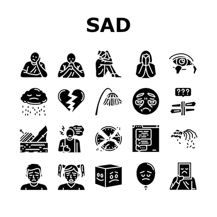Vetor vetor de conjunto de ícones de rosto de emoção de humor triste