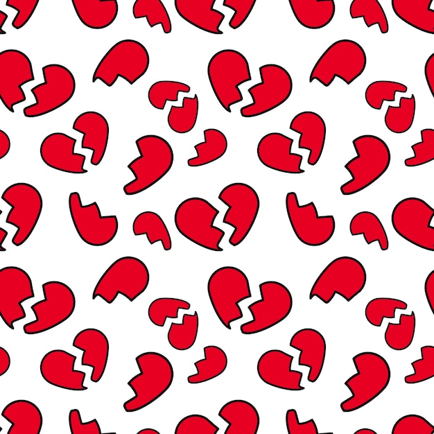 Vetor de coração partido vermelho padrão de doodle sem costura