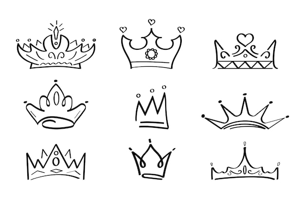 Vetor de coroas definido em estilo doodle coroa de rei e rainha como esboço delineia sinais da família real diademas simples para princesa
