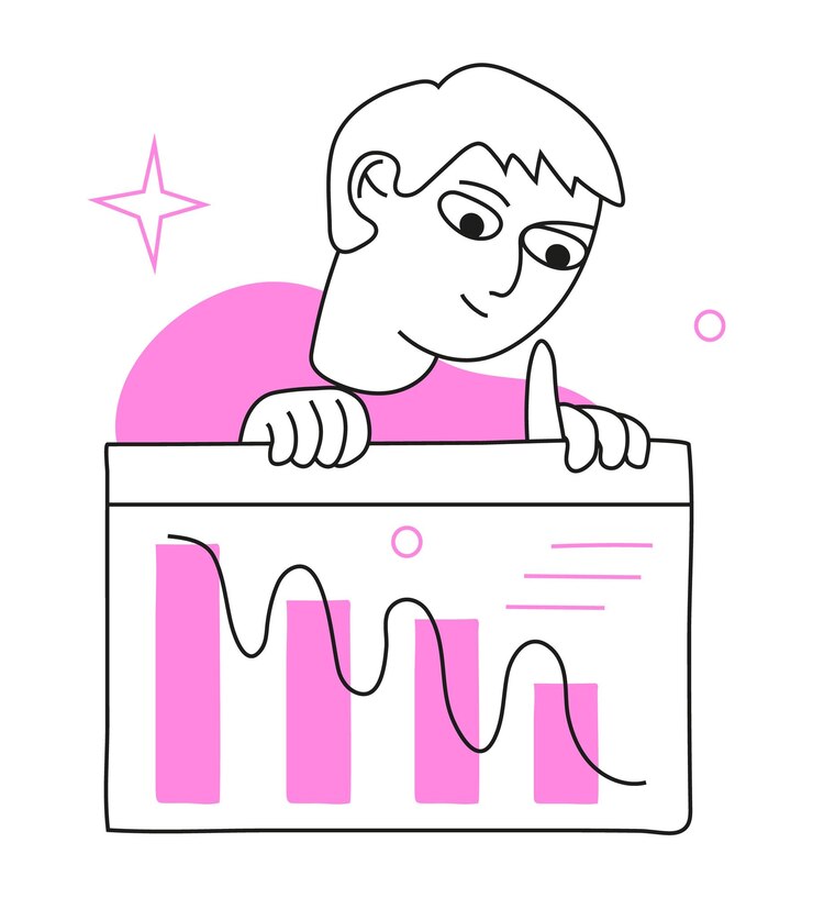 Vetor vetor de declínio do gráfico no estilo doodle plano de negócios ruim renda em queda fechamento de negócios crise econômica quebra no estilo de linha