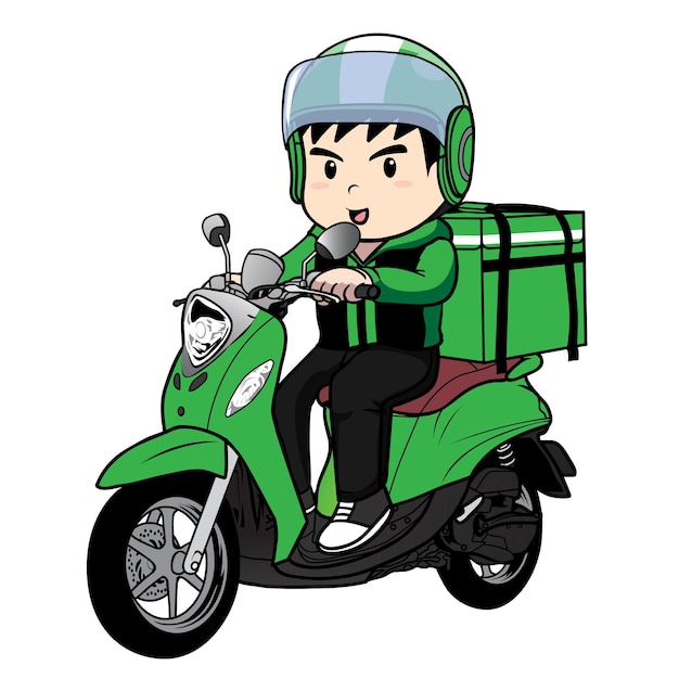 Vetor vetor de desenho animado de entrega homem passeio de motocicleta