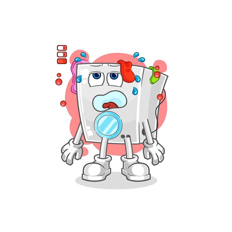 Vetor vetor de desenho animado de mascote de bateria fraca da máquina de lavar