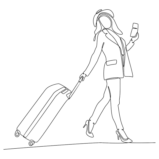 Vetor de desenho de linha contínua de mulher puxando malas em viagens de férias