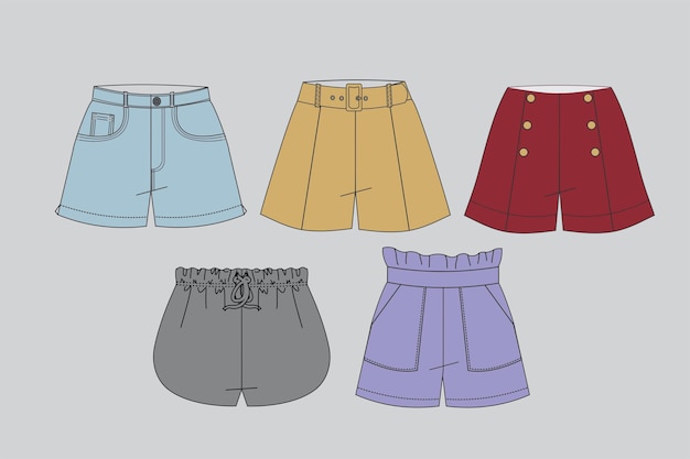 Vetor de desenho de shorts, conjunto de diferentes tipos de shorts