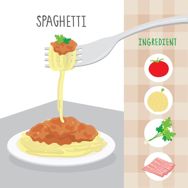 Vetor de desenhos animados de comida internacional espaguete ingrediente