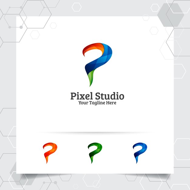 Vetor de design da letra p do logotipo digital com pixel colorido moderno para aplicativos e negócios de estúdio de software de tecnologia