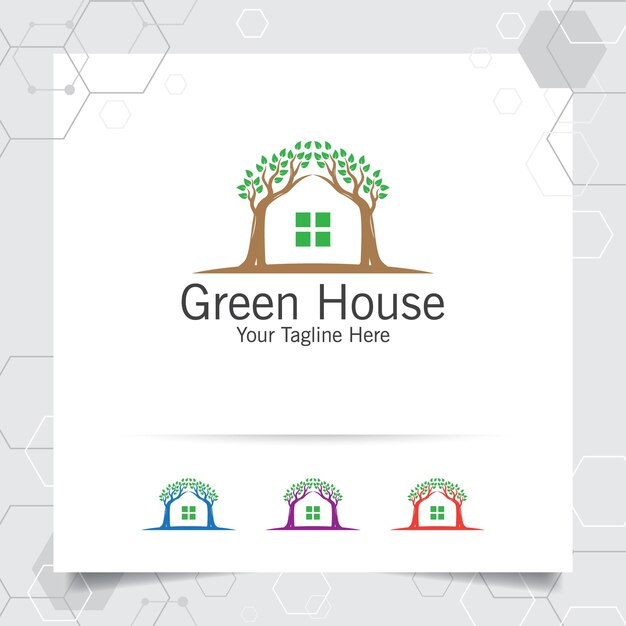 Vetor vetor de design de logotipo de casa verde com conceito de ilustração de ícone de casa e folha para residência e hipoteca de imóveis