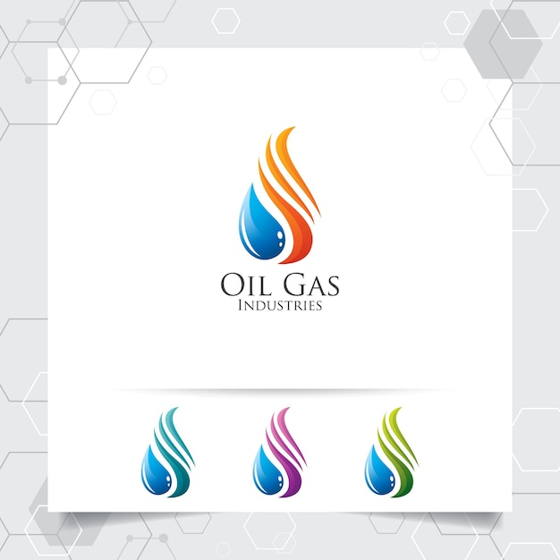 Vetor de design de logotipo de gás de petróleo com conceito de ícone de chamas de fogo e gotas de óleo para a indústria de mineração