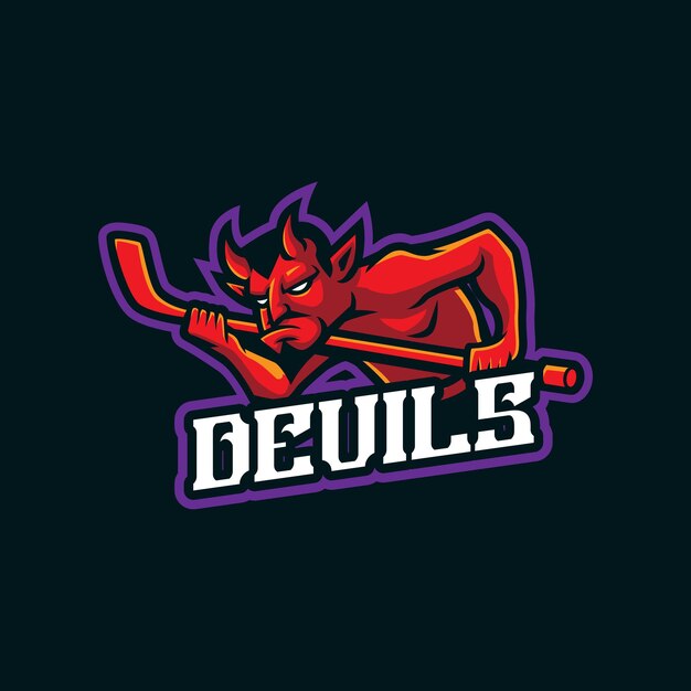 Vetor de design de logotipo de mascote de diabos com estilo de conceito de ilustração moderna para emblema de crachá e impressão de camiseta ilustração de hóquei de diabos para equipe esportiva e esportiva