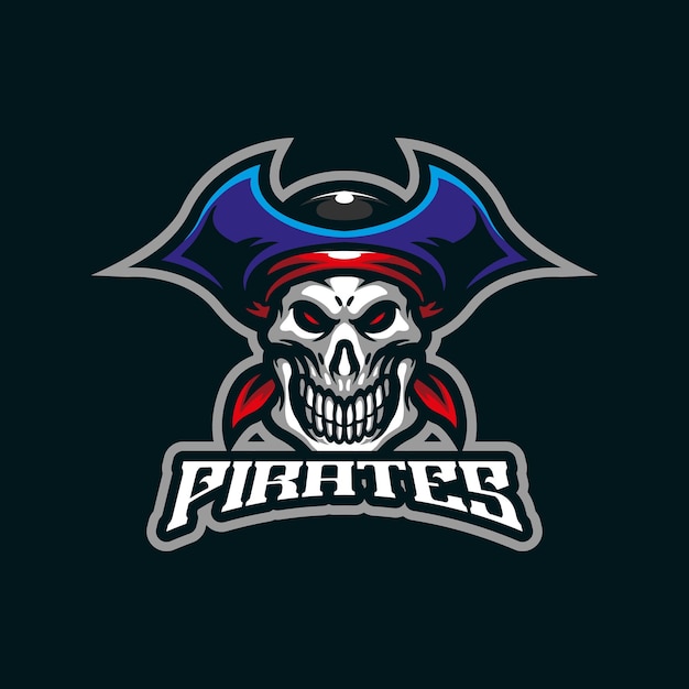 Vetor de design de logotipo de mascote de piratas com estilo de conceito de ilustração moderno para emblema de crachá e impressão de camiseta Ilustração de piratas de caveira para equipe esportiva e esport