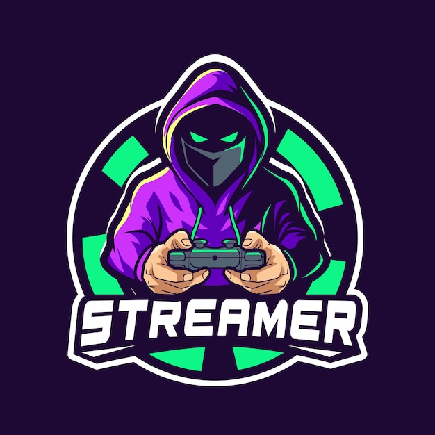 Vetor de design de logotipo de mascote encapuzado streamer gamer com ilustração moderna