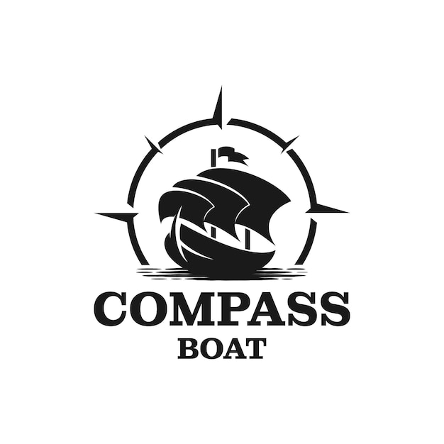 Vetor de design de logotipo de silhueta de iate à vela tradicional, barco, navio e bússola