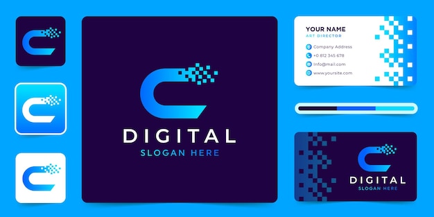 Vetor vetor de design de logotipo de tecnologia de dados letra c com modelo de cartão de visita