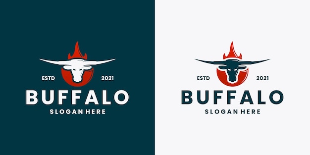 Vetor de design de logotipo vintage búfalo fogo longhorn