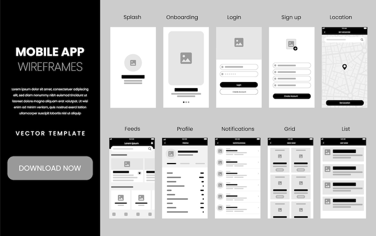 Vetor vetor de design de maquete de design de aplicativo. wireframes de interface do usuário do aplicativo ux. design de aplicativo de compras
