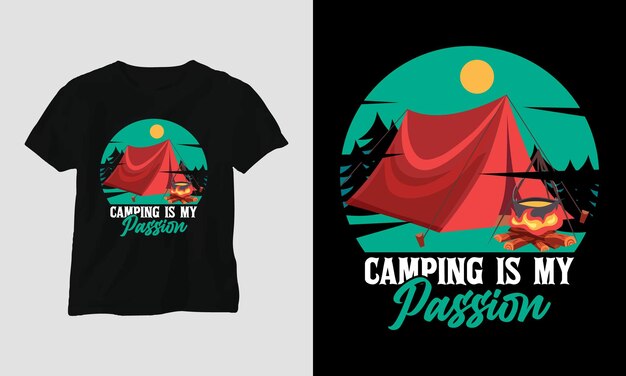 Vetor de design de t-shirt de acampamento. melhor uso para camiseta, revista, adesivo, tapete de parede, etc.