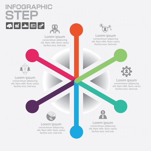 Vetor de design infográfico e ícones de marketing podem ser usados para diagrama de layout de fluxo de trabalho relatório anual web design conceito de negócios com 6 opções de etapas ou processos