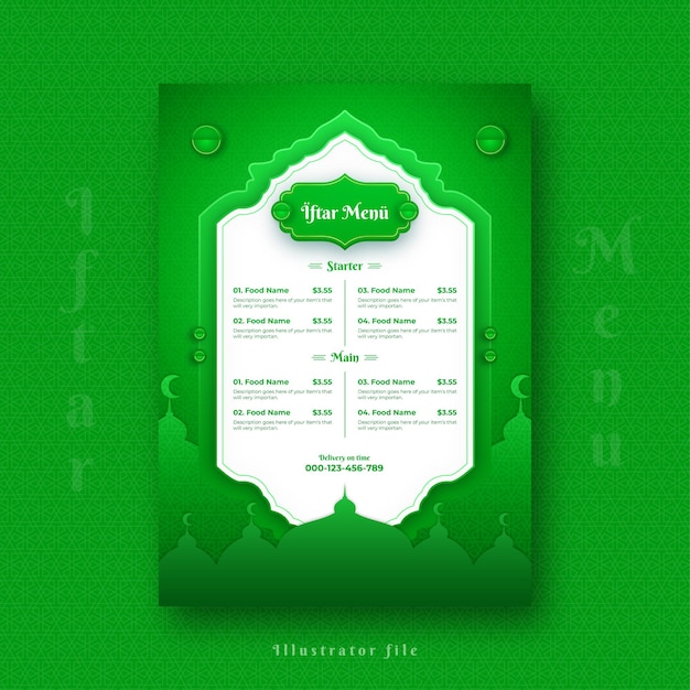 Vetor de design vertical de menu de iftar verde