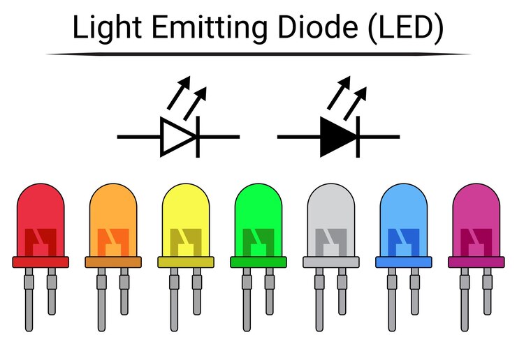 Vetor vetor de diodos emissores de luz (led) definido com símbolo. componente eletronico. isolado no branco.