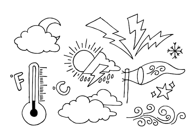 Vetor vetor de doodle do tempo definir ilustração com mão desenhar linha arte estilo vetor estrela sol